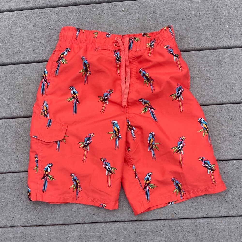 Kanu Surf Tropical Parrot Kids Swim Trunks - Red